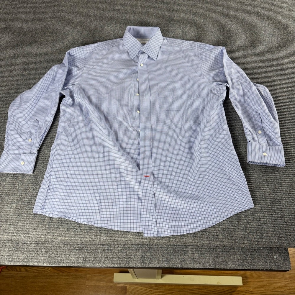 Cremieux Mens 17 34 Blue White Micro Check Pima Cotton Non-Iron Dress Shirt
